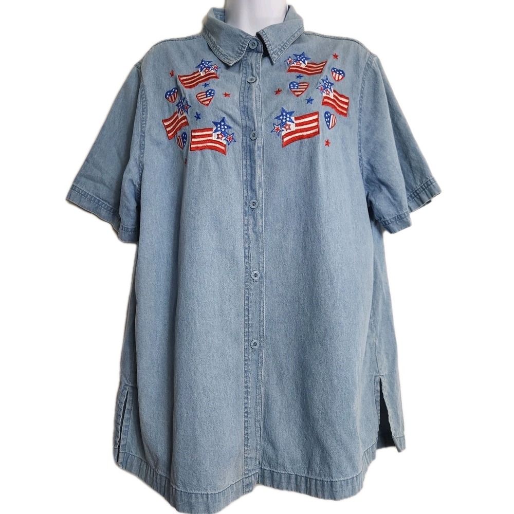 Y2K Passion-1 Denim Shirt Sz M Embroidered American Flag Patriotic 4th July VTG